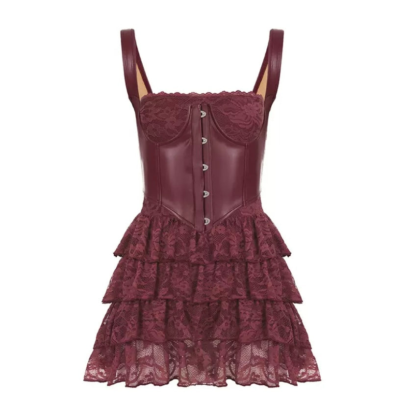 Lace Me Up Corset Mini Dress Two Piece – Beige