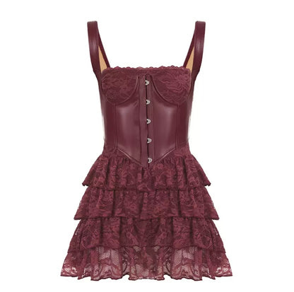 Lace Me Up Corset Mini Dress Two Piece – Beige
