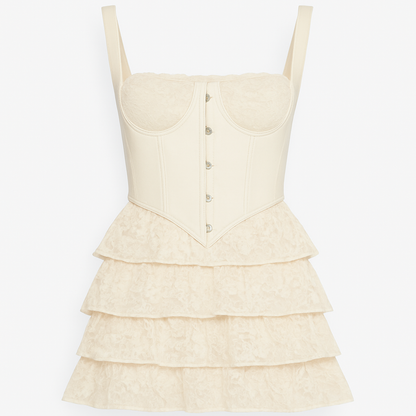 Lace Me Up Corset Mini Dress Two Piece – Beige